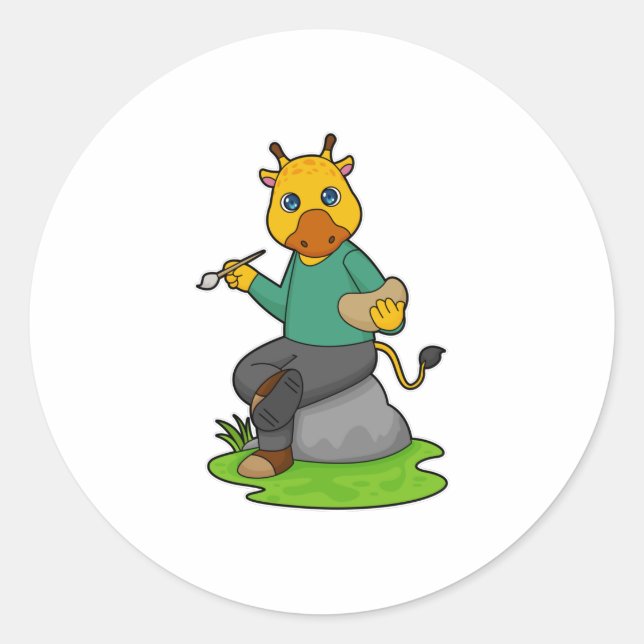 Sticker Rond Giraffe en peintre avec pinceau (Devant)