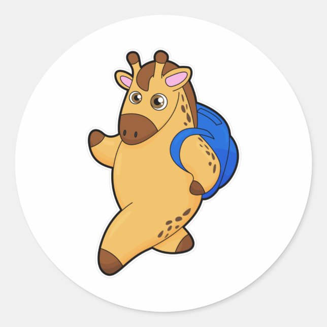 Sticker Rond Giraffe en tant qu'étudiant avec sac à dos (Devant)