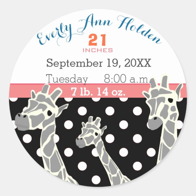Sticker Rond Giraffe Family Baby Girl Birth Record Birth Stats (Devant)