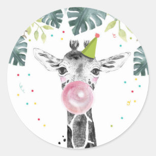 Sticker Rond Giraffe Fête Animaux Safari Garçon Anniversaire Cu