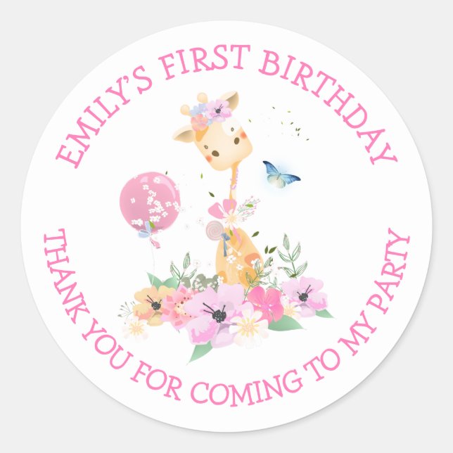 Sticker Rond Giraffe Fleurs Nom Merci Filles 1er anniversaire (Devant)