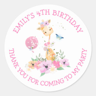 Sticker Rond Giraffe Fleurs Nom Merci Filles 4e anniversaire