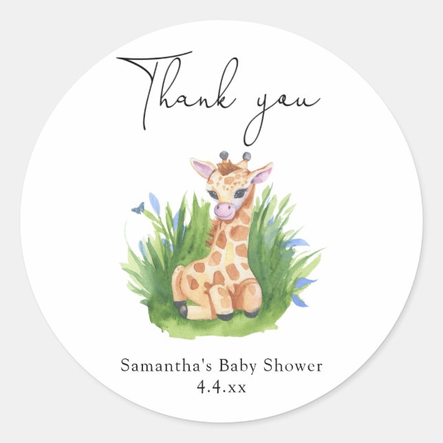 Sticker Rond Giraffe - merci baby shower (Devant)