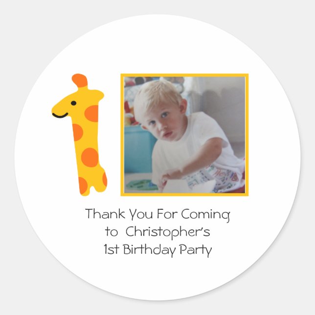 Sticker Rond Giraffe Photo orange et jaune 1er anniversaire (Devant)