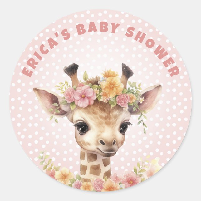 Sticker Rond Giraffe Rose Baby Girl Douche Parsemer la jungle s (Devant)