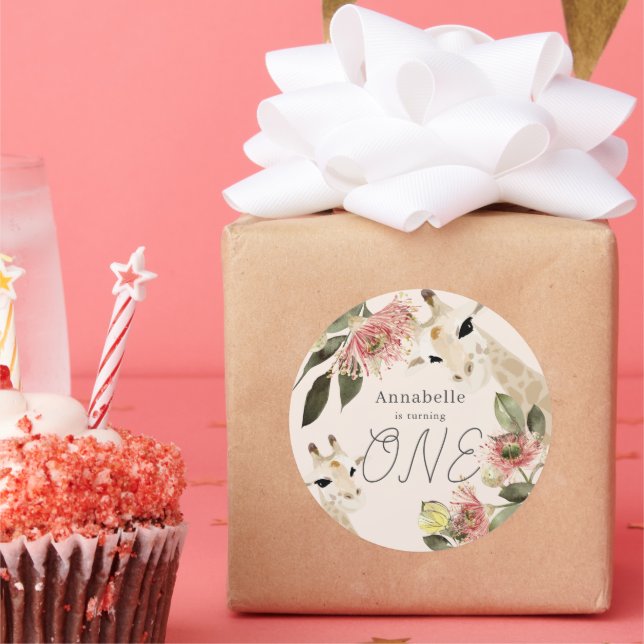 Sticker Rond Giraffe Rose Floral Girl 1er anniversaire (Fête)