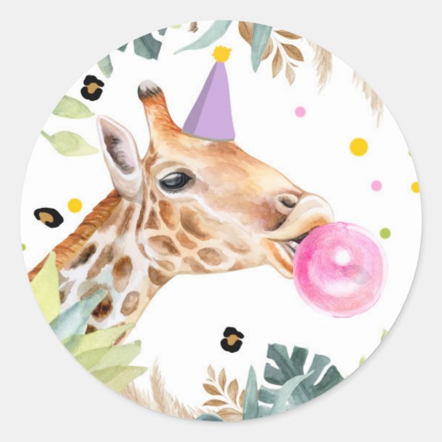 Sticker Rond Giraffe Safari Party Animal Anniversaire Favoriser (Devant)