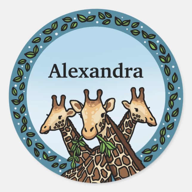 Sticker Rond Giraffes et Laurel, Ajoutez votre nom (Devant)