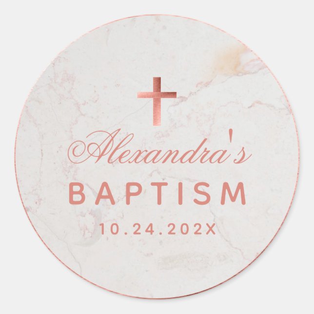 Sticker Rond Girl Baptism Faux Rose Gold Marble Élégant Script (Devant)