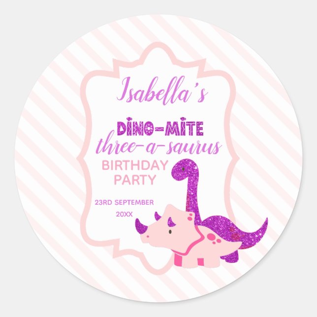 Sticker Rond Girl Dinosaur Pink Birthday Party  (Devant)