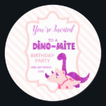 Sticker Rond Girl Dinosaur You're Invited to a Birthday Party<br><div class="desc">A pretty, fun , cute and girly dinosaur theme You're invited to a party stickers for a little girl's birthday party . Featuring a purple glittery Brontosaurus dinosaur and a pink Triceratops with purple glittery horns all set on a pink and white stripey background with a pretty pale pink frame....</div>