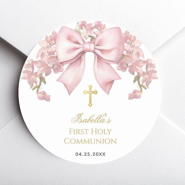 Sticker Rond Girl First Communion Pink Bow & Gold Cross Floral  (Créateur téléchargé)
