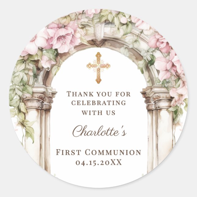 Sticker Rond Girl First Communion Pink Florals Arch Cross (Devant)