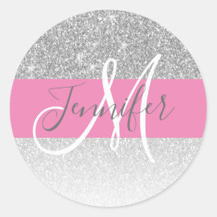 Sticker Rond Girl Glam Silver Parties scintillant Pink Nom du m