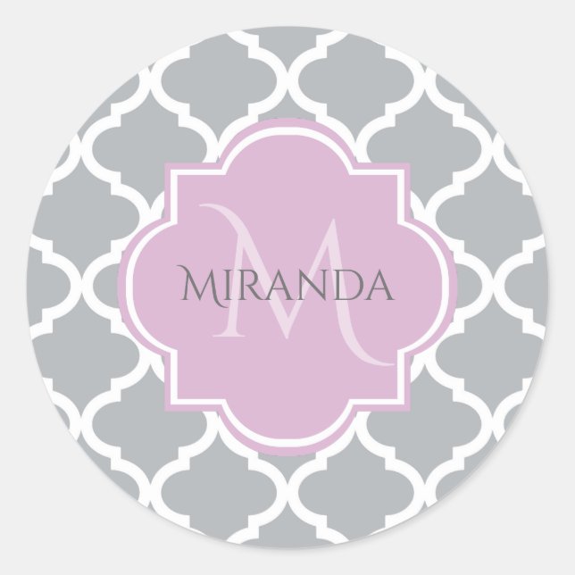 Sticker Rond Girl Grey Quatrefoil Lavender Monogramme et nom (Devant)