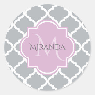 Sticker Rond Girl Grey Quatrefoil Lavender Monogramme et nom