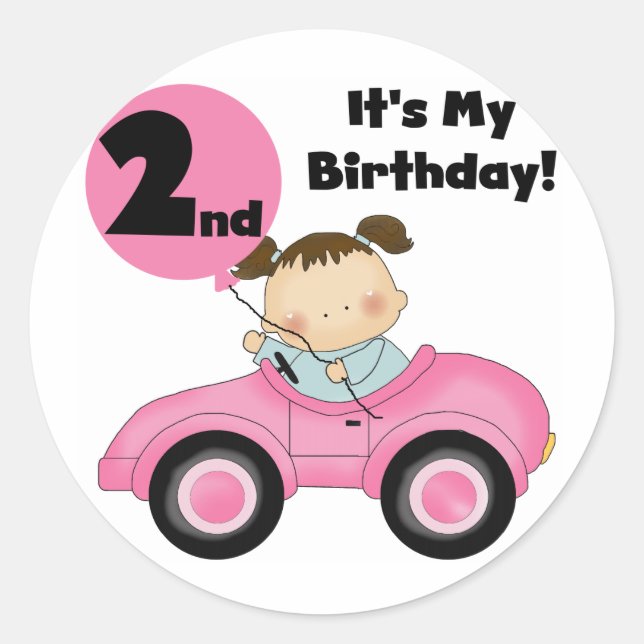 Sticker Rond Girl in Pink Car 2nd Birthday Tshirts et cadeaux (Devant)