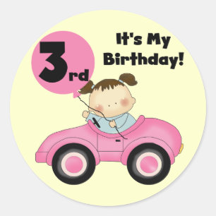 Sticker Rond Girl in Pink Car 3e Anniversaire Tshirts et cadeau