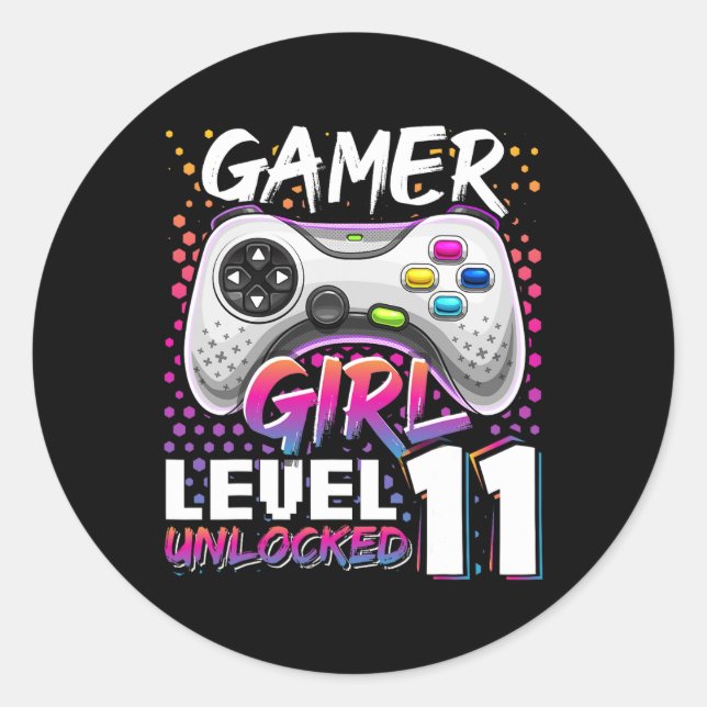 Sticker Rond Girl Level 11 Déverrouillé Jeu vidéo 11e anniversa (Devant)