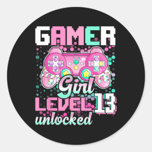 Sticker Rond Girl Level 13 Déverrouillé Jeu vidéo 13e anniversa