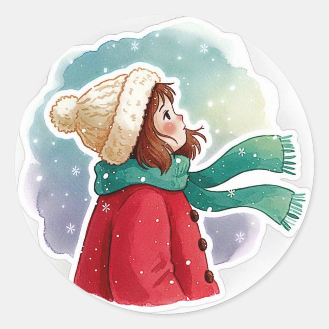 Sticker Rond girl looking at the snow (Devant)