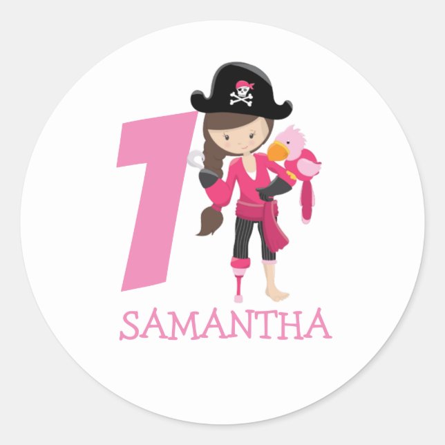 Sticker Rond Girl Parrot 1er anniversaire fête pirate (Devant)