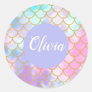 Sticker Rond Girl Pastel Ombre Parties scintillant or Sirène Mo