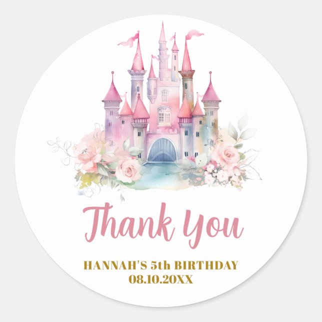 Sticker Rond Girl Princess Royal Castle 5e anniversaire Merci (Devant)