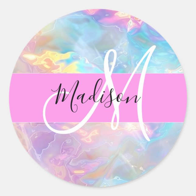 Sticker Rond Girl Rainbow Holographic Iridescente Monogramme No (Devant)
