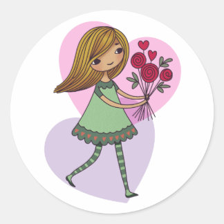 Sticker Rond Girl With Flowers