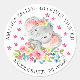 Sticker Rond Girls Happy Elephant Baby shower Adresse de retour