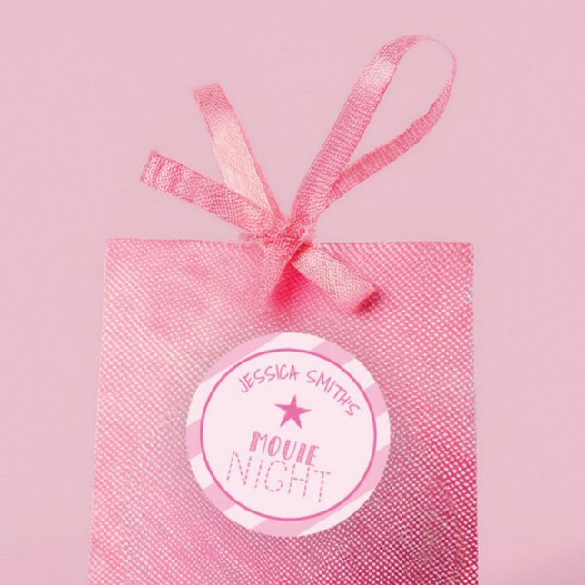 Sticker Rond Girls Movie Night Personalized Pink Star Party  (Créateur téléchargé)