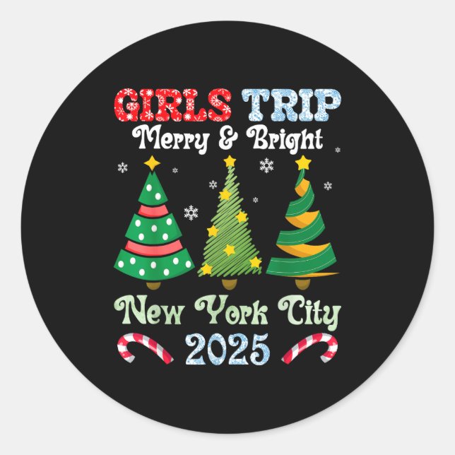 Sticker Rond Girls Trip Merry And Bright Xmas New York City Vac (Devant)