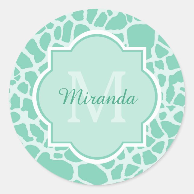 Sticker Rond Girly Mint Green Giraffe Imprimer Monogramme et no (Devant)