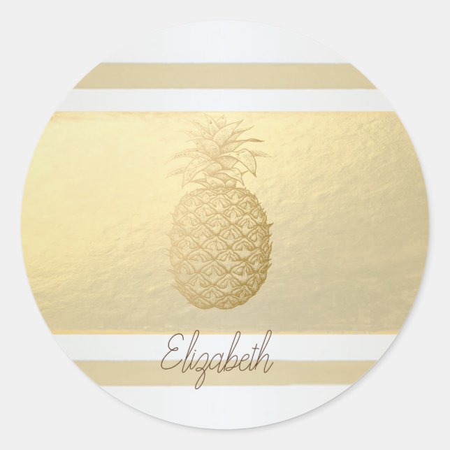 Sticker Rond Girly Modern Gold Stripes, Or Ananas (Devant)