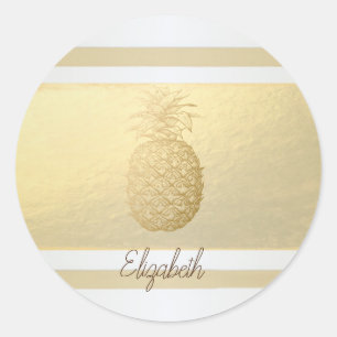 Sticker Rond Girly Modern Gold Stripes, Or Ananas