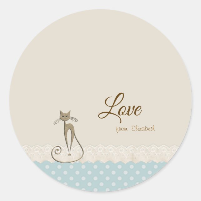 Sticker Rond Girly Modern ,Polka Dots,Faux Gold Glittery Cat (Devant)