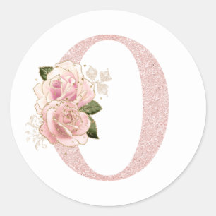 Sticker Rond Girly Rose Pâle Or Pailleté Floral Monogram O