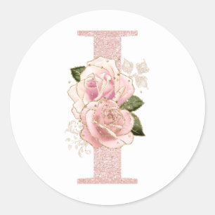 Sticker Rond Girly Rose Pâle Or Pailleté Floral Monogramme I