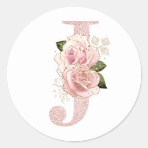 Sticker Rond Girly Rose Pâle Or Pailleté Monogramme Floral J
