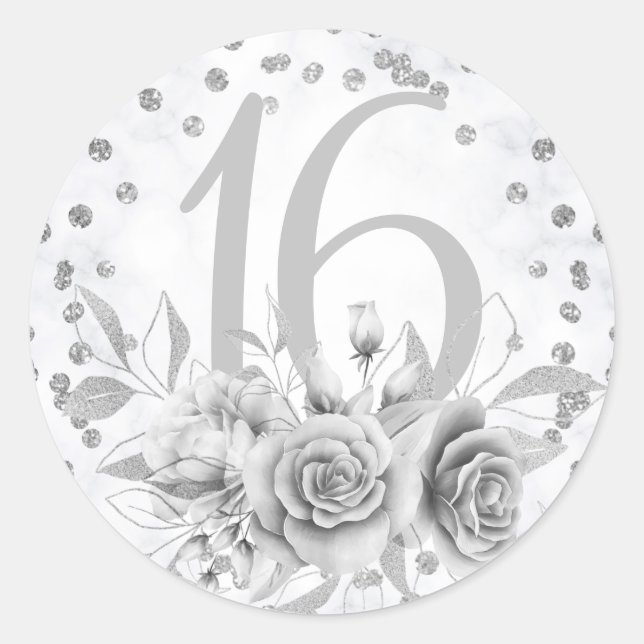 Sticker Rond Girly Sweet 16th Marble Parties scintillant argent (Devant)