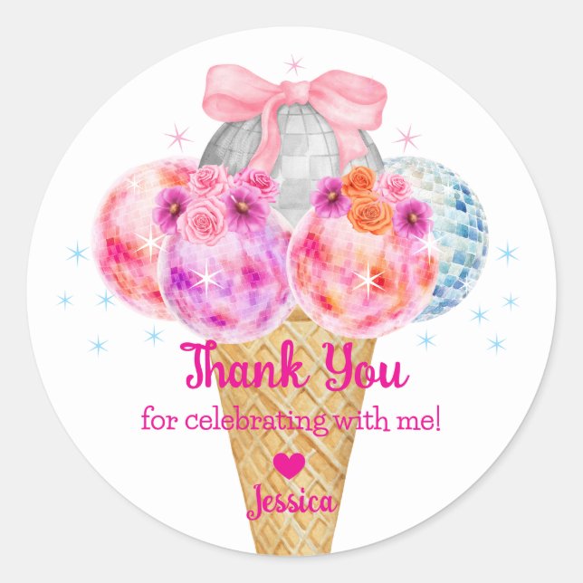 Sticker Rond glace à la disco merci anniversaire fille  (Devant)