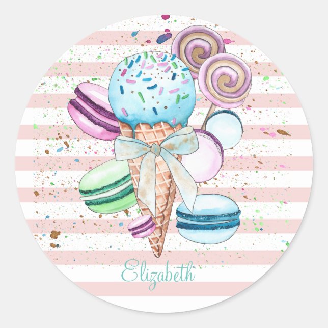 Sticker Rond Glace à l'aquarelle, Macarons, Rayures roses (Devant)