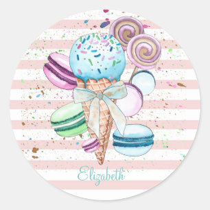 Sticker Rond Glace à l'aquarelle, Macarons, Rayures roses