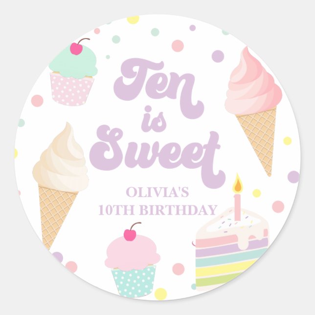Sticker Rond Glace et gâteau Dix ans c'est doux  10e anniversai (Devant)
