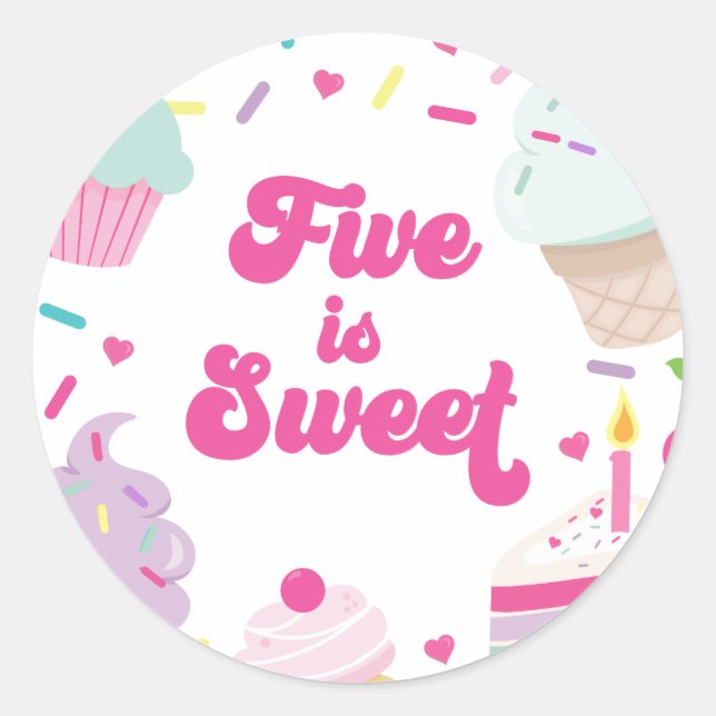 Sticker Rond Glace et Gâteau Five est doux 5ème Anniversaire (Devant)