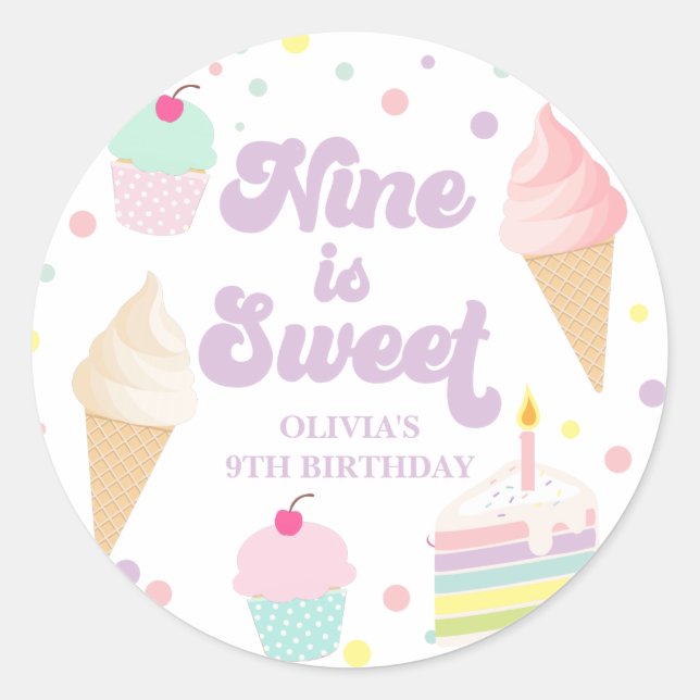 Sticker Rond Glace et gâteau Nine est doux  9e anniversaire (Devant)