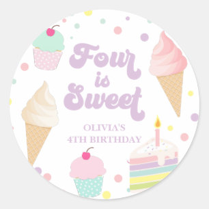 Sticker Rond Glace et gâteau quatre est doux 4ème anniversaire