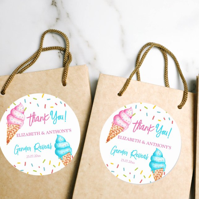 Sticker Rond Glace genre révéler merci (Ice cream gender reveal favor gift stickers pink and blue ice cream thank you stickers)