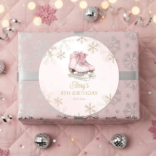 Sticker Rond Glace Rose Patinage Anniversaire Paillettes Dorées